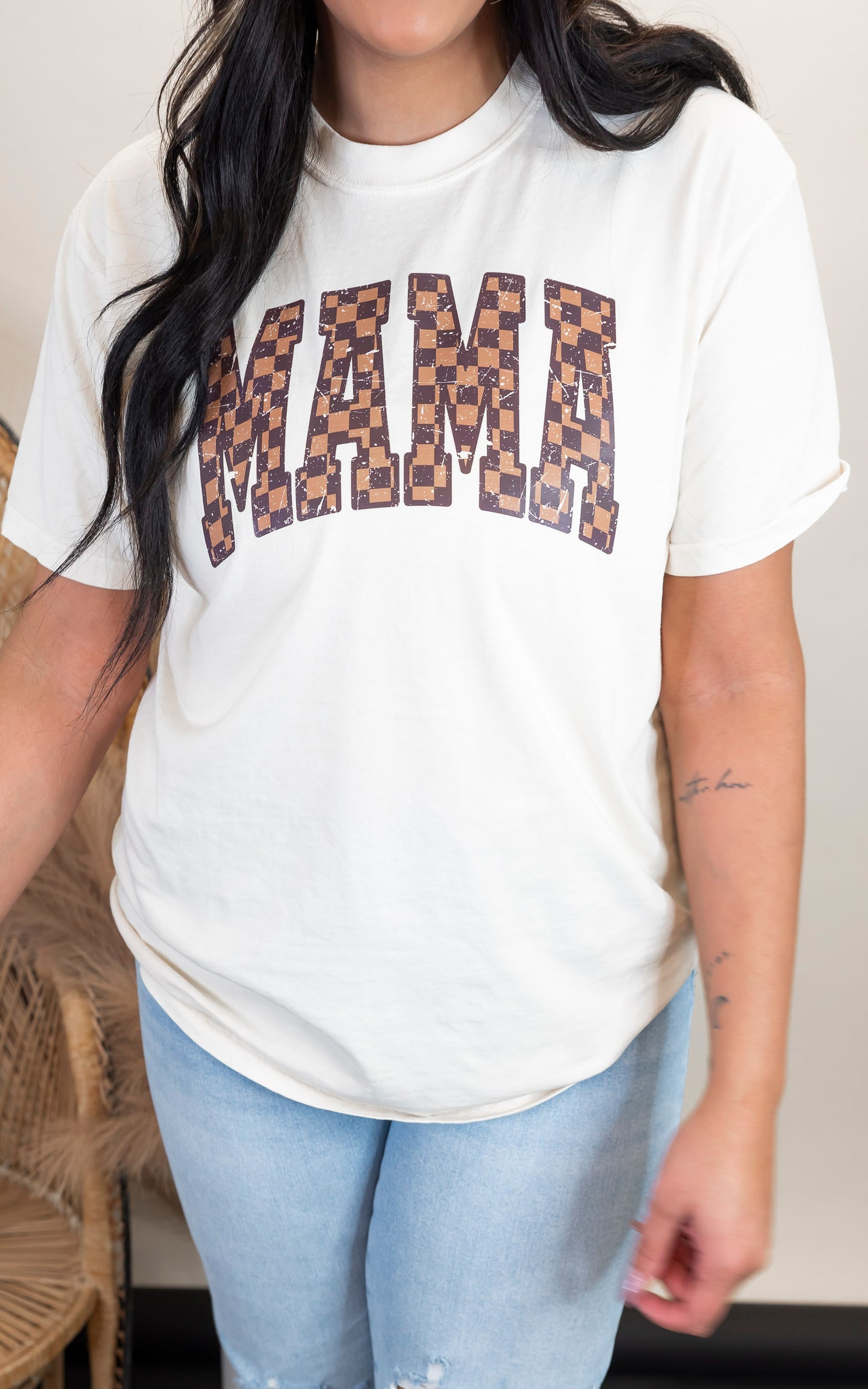 Distressed Checked MAMA Garment Dyed Graphic T-shirt