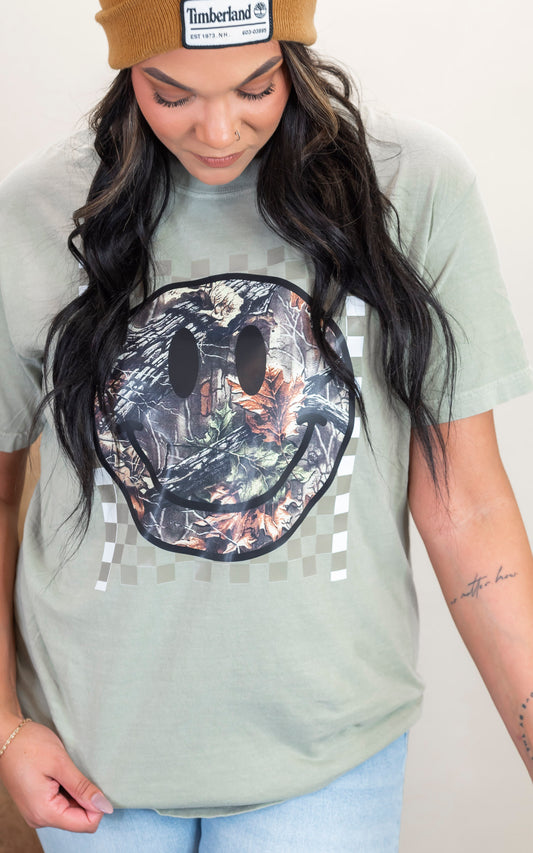 Camouflage Smiley Face Garment Dyed Graphic T-shirt - Final Sale
