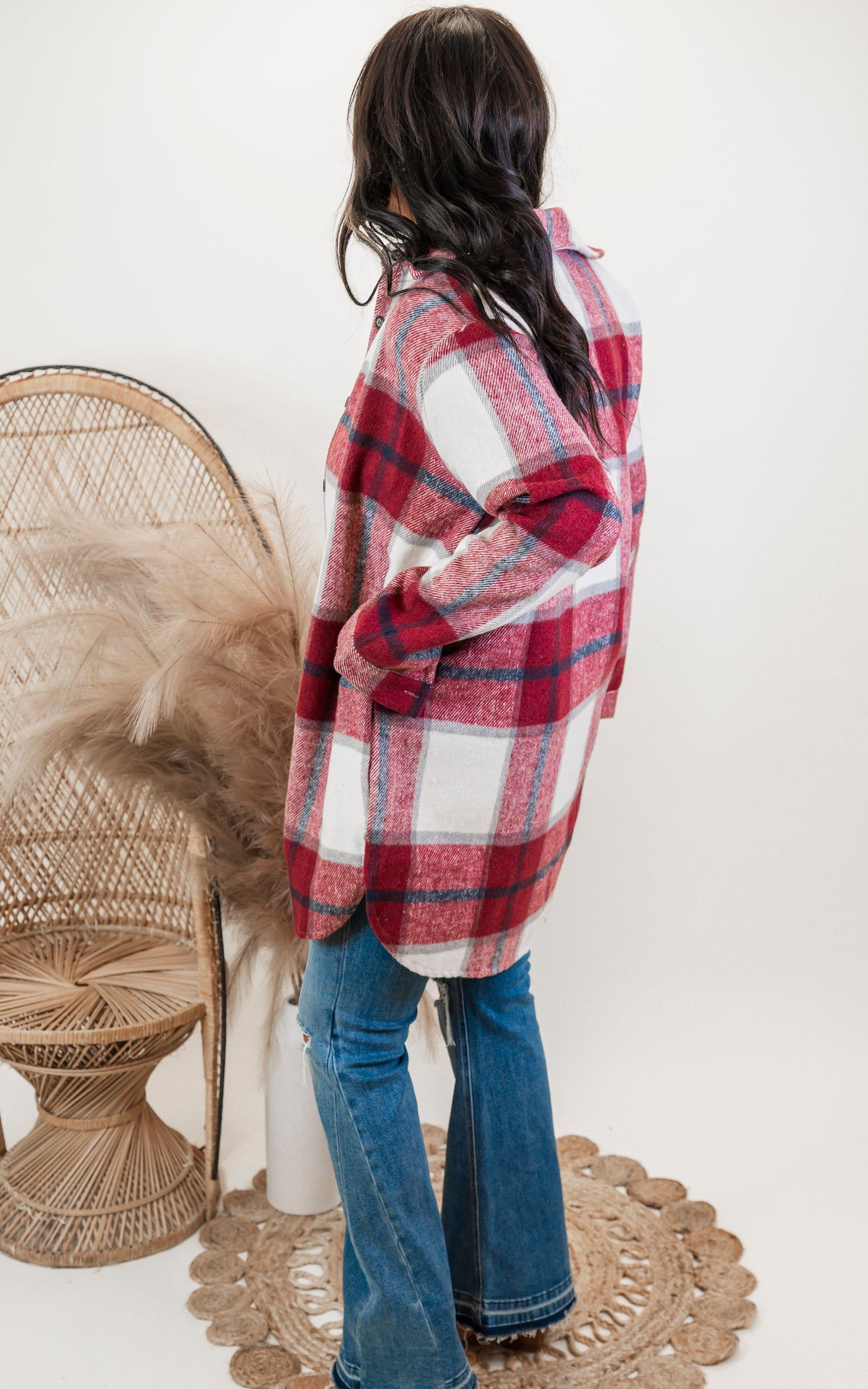 Burgundy Checked Long Plaid Shacket** - Final Sale