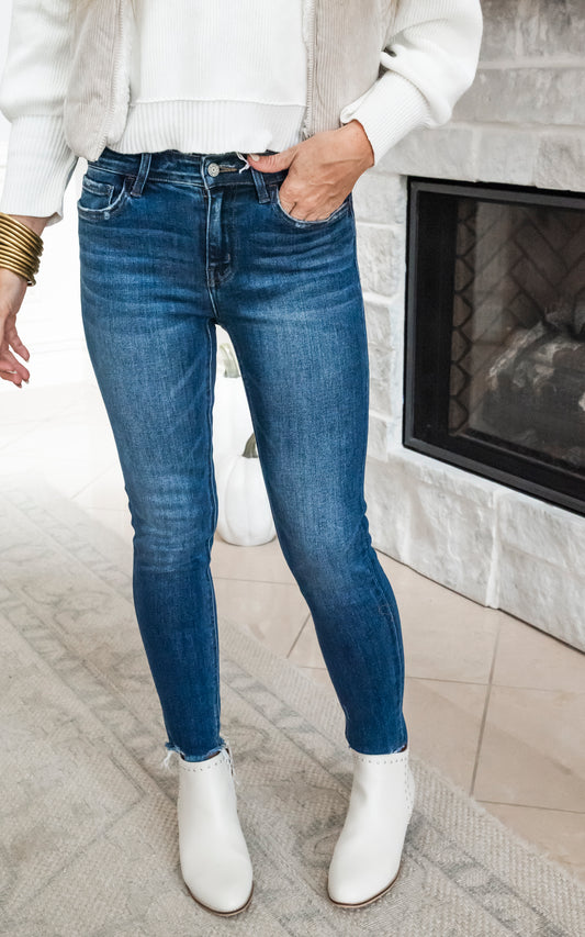Mid Rise Raw Distressed Hem Crop Skinny Denim Jean | Vervet
