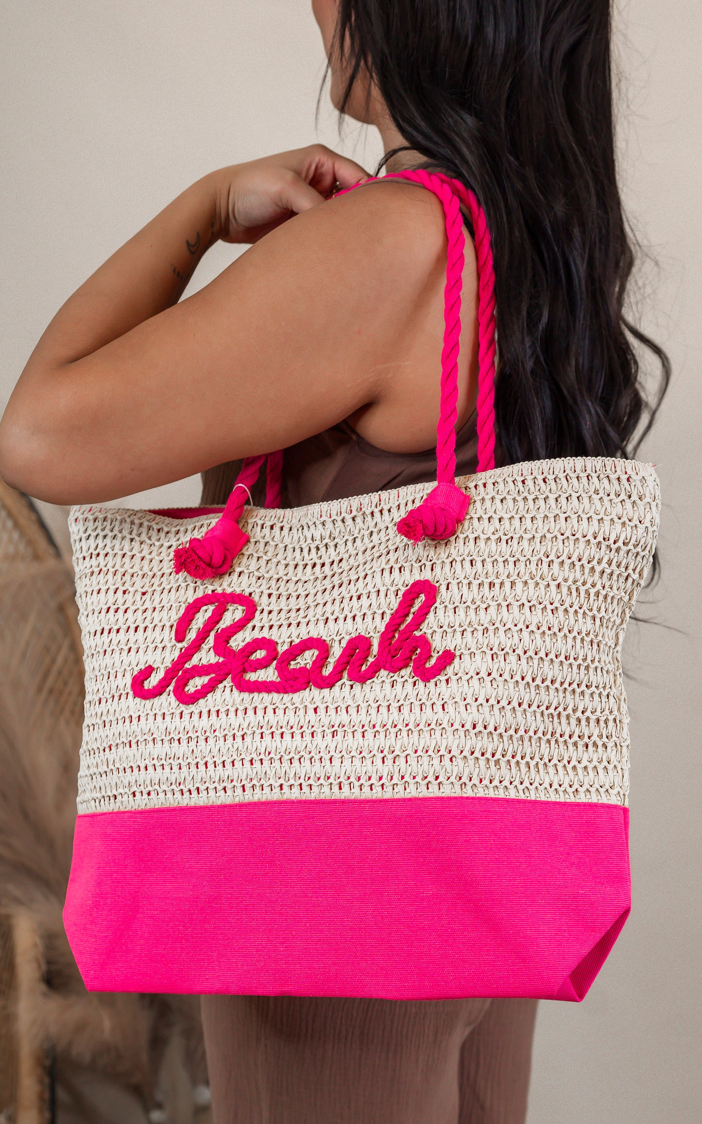 Sewn Rope "BEACH" Color Straw Tote Bag