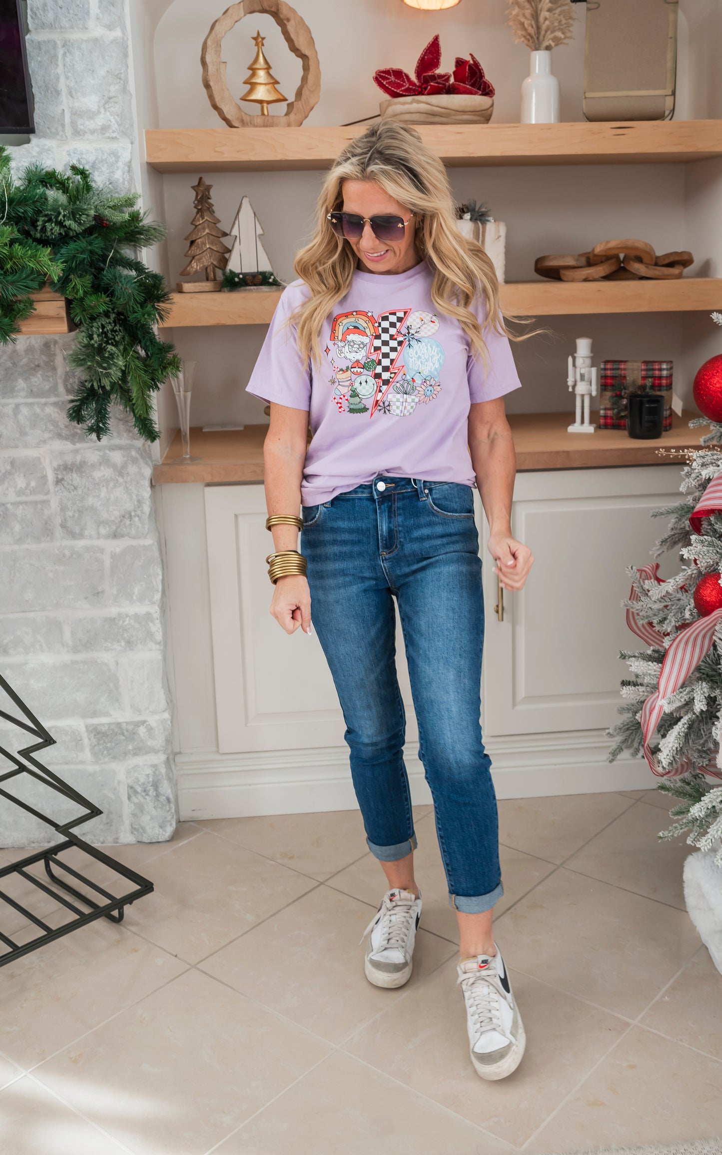 Merry & Bright Checkered Christmas Graphic T-shirt**