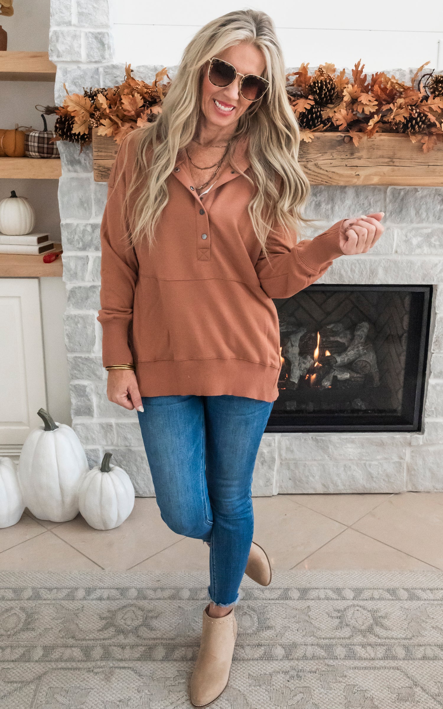 Oversized Drop Shoulder Half Button Knit Hoodie - Mocha Latte