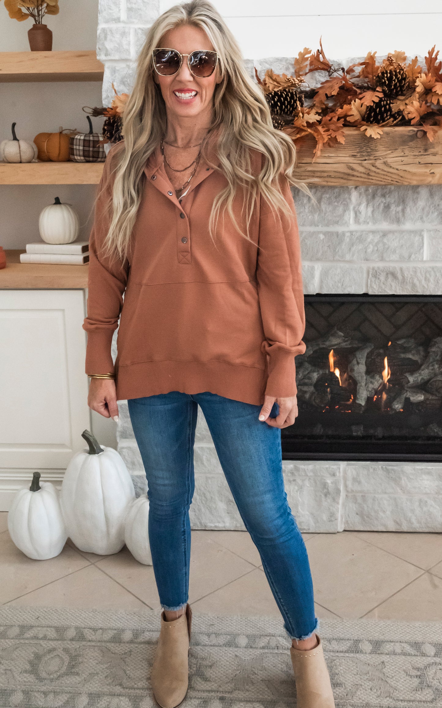 Oversized Drop Shoulder Half Button Knit Hoodie - Mocha Latte