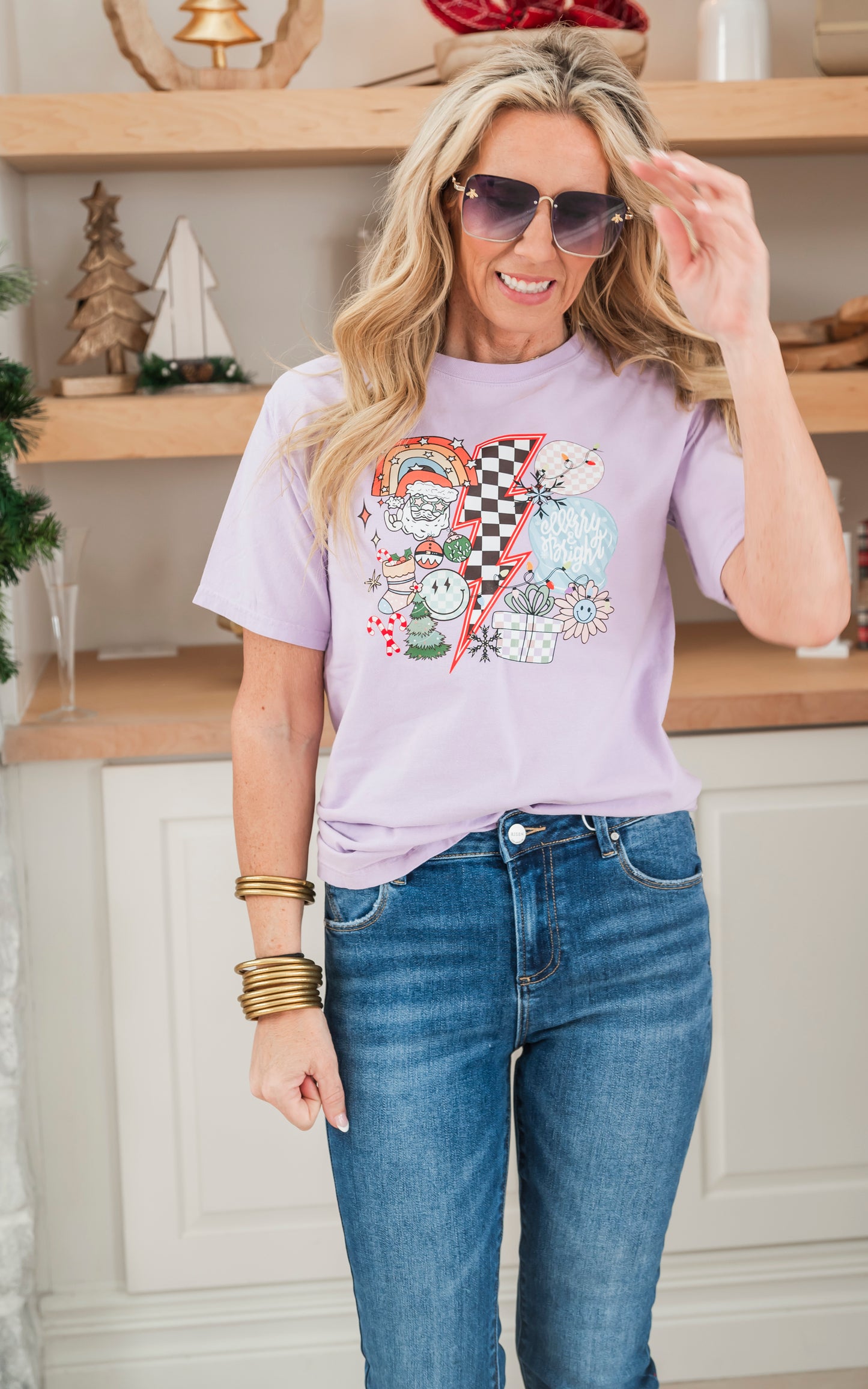 Merry & Bright Checkered Christmas Graphic T-shirt**
