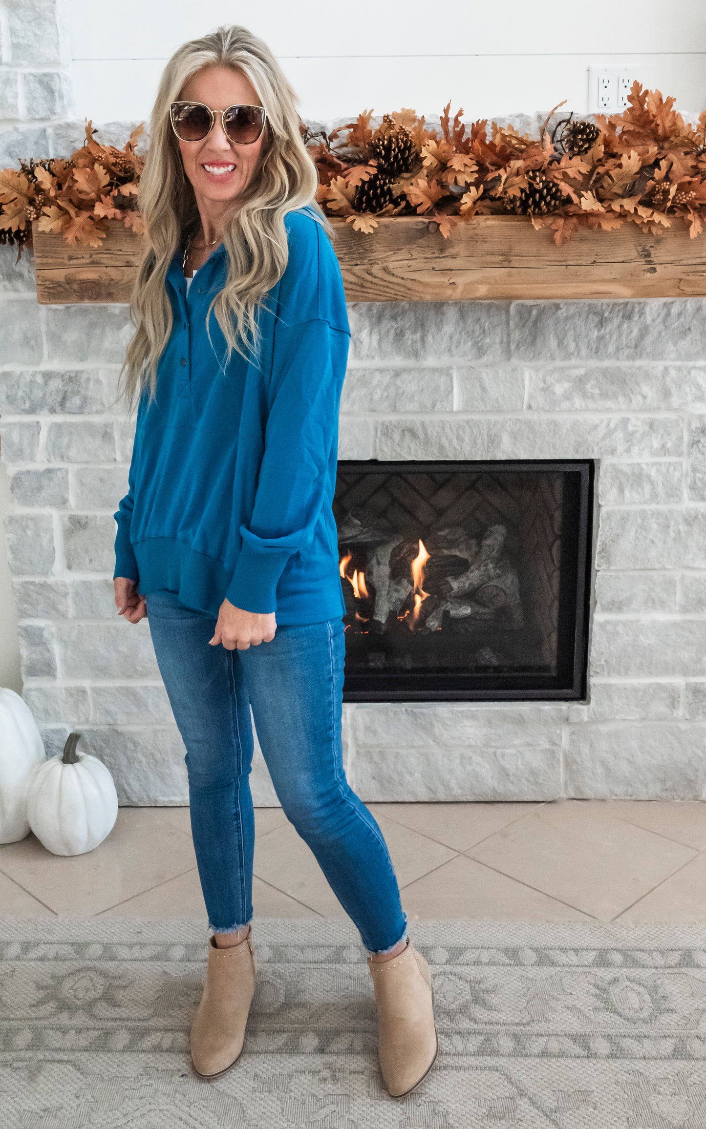 Oversized Drop Shoulder Half Button Knit Hoodie - Teal