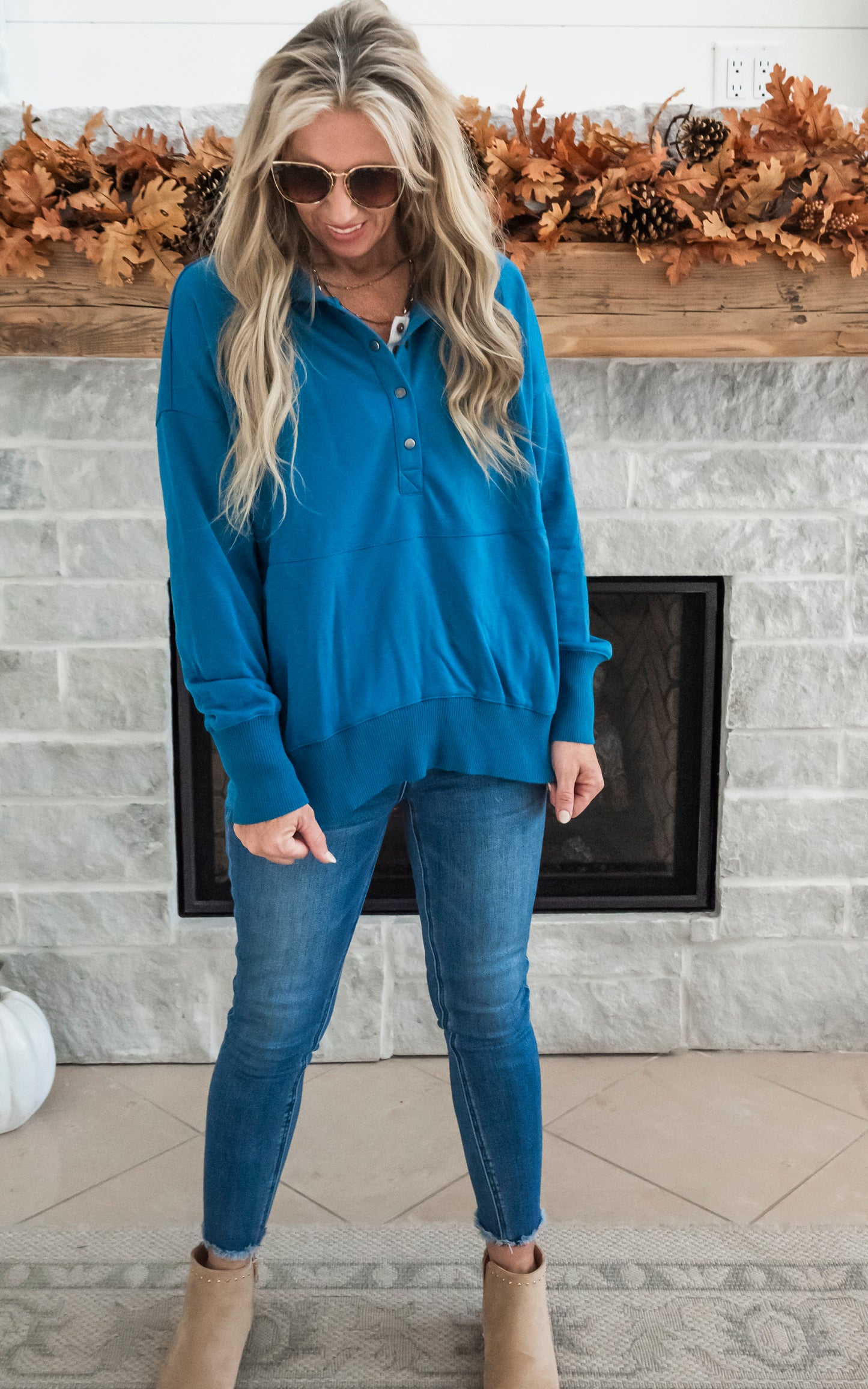 Oversized Drop Shoulder Half Button Knit Hoodie - Teal