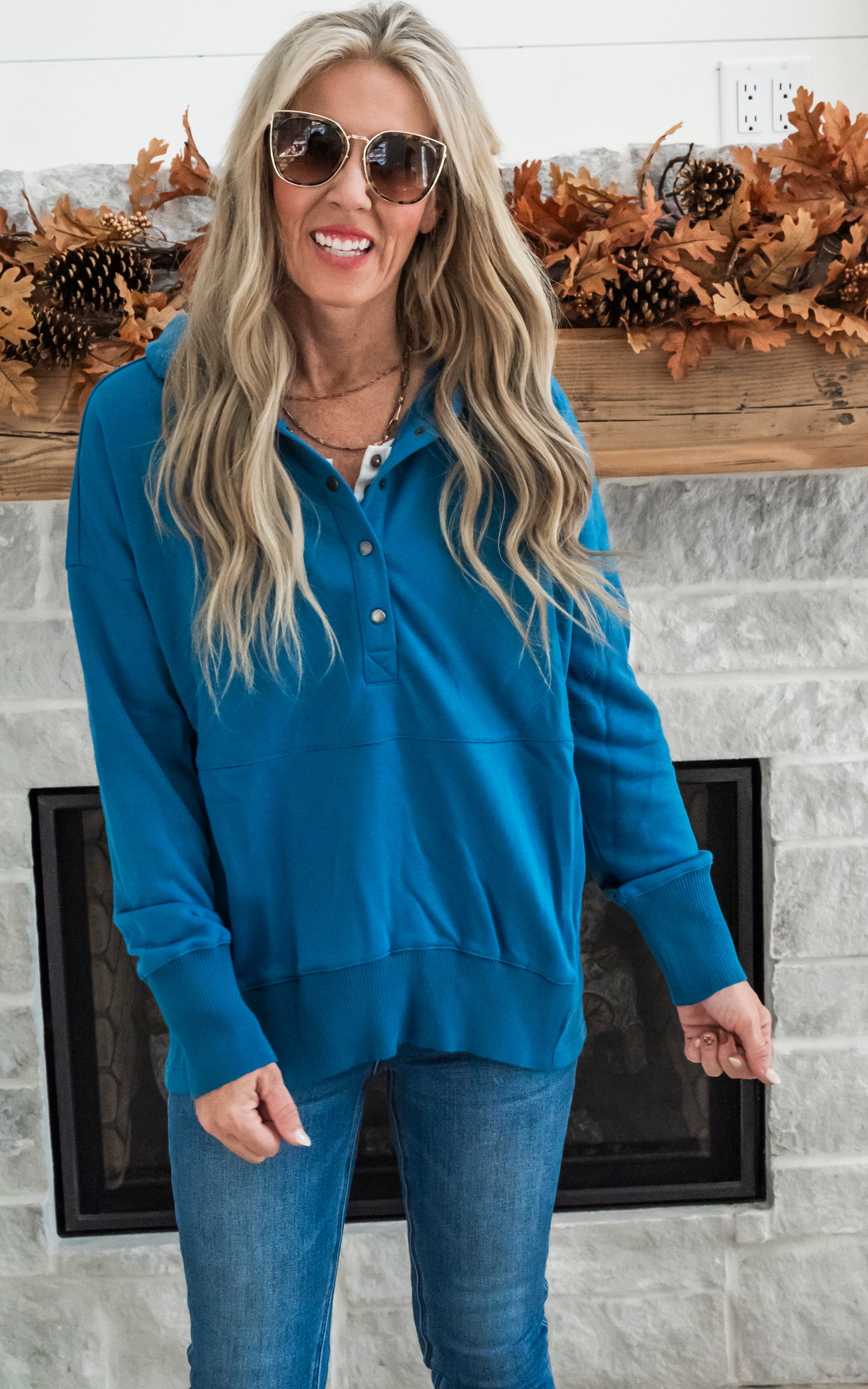 Oversized Drop Shoulder Half Button Knit Hoodie - Teal