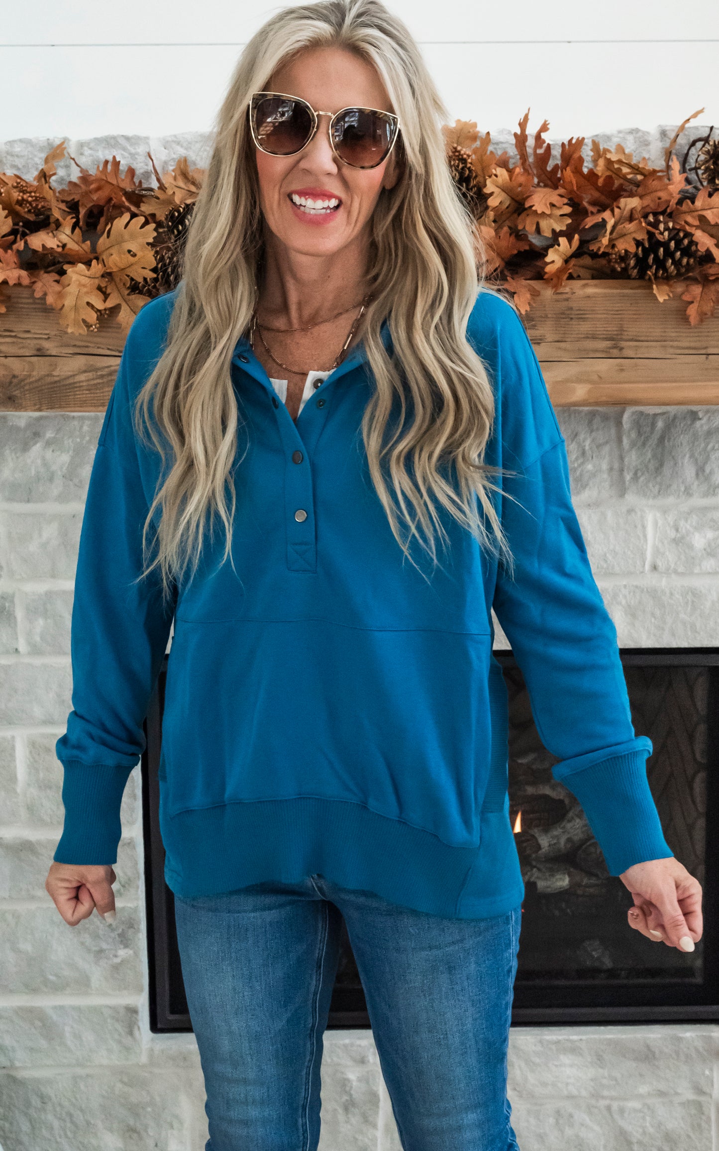 Oversized Drop Shoulder Half Button Knit Hoodie - Teal