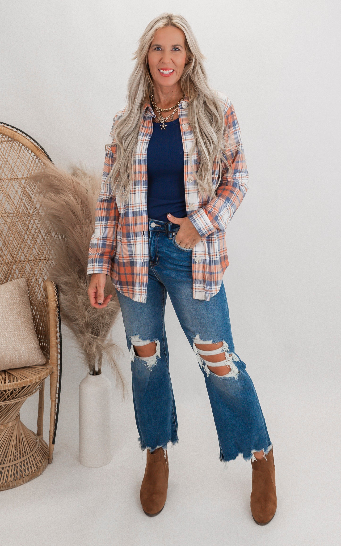 Forever Favorite Plaid Shacket in Orange Navy Ivory #11 | Salty Wave *DEAL-FINAL SALE