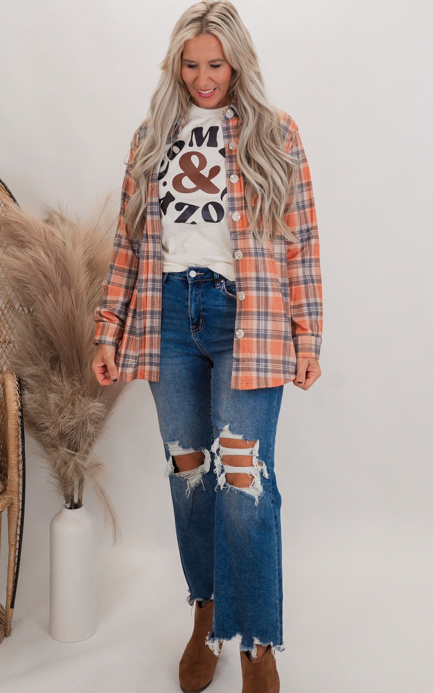 Forever Favorite Plaid Shacket in Orange Navy Cream #8 | Salty Wave*