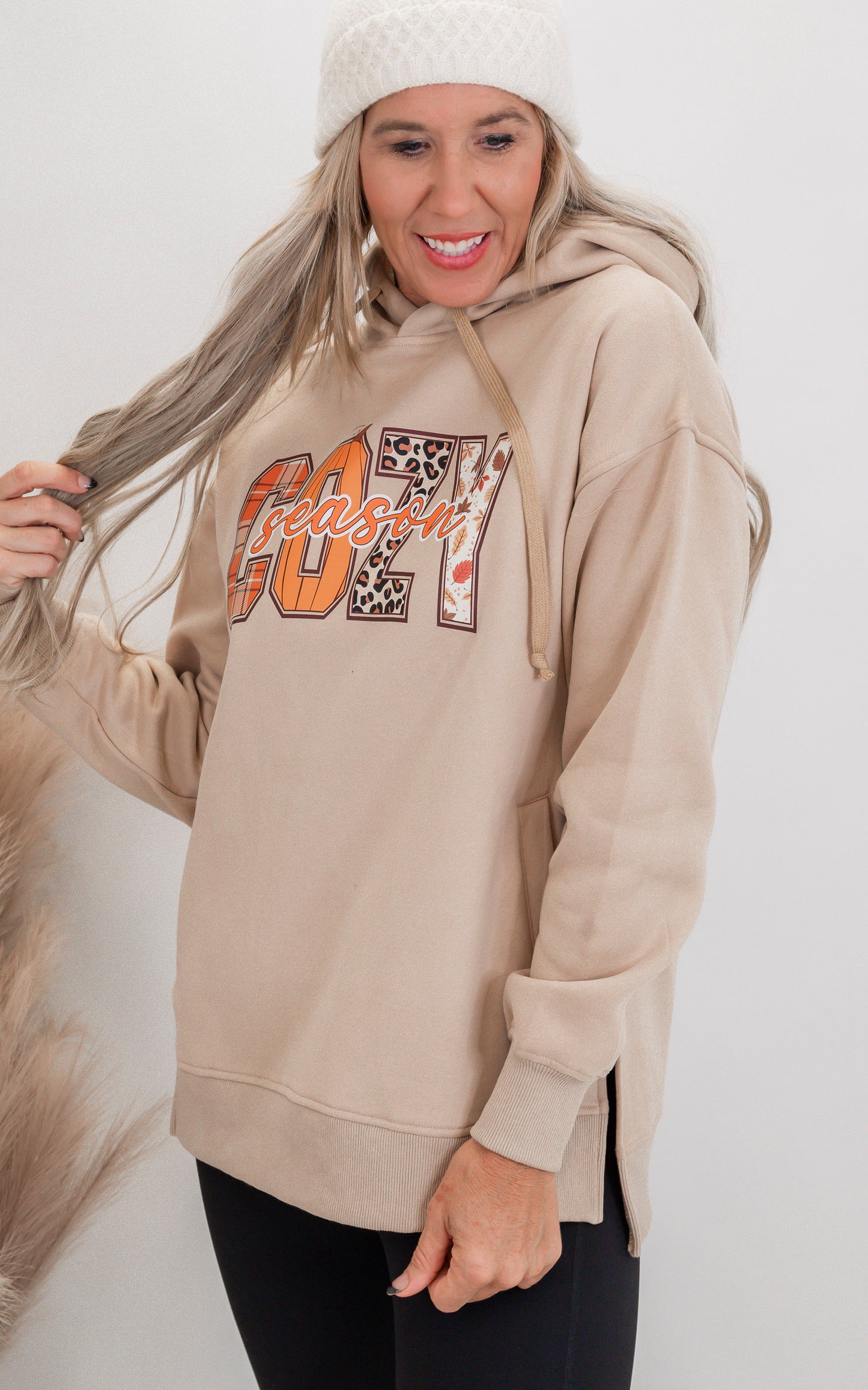 Cozy Season Taupe Side Slit Hoodie** - Final Sale