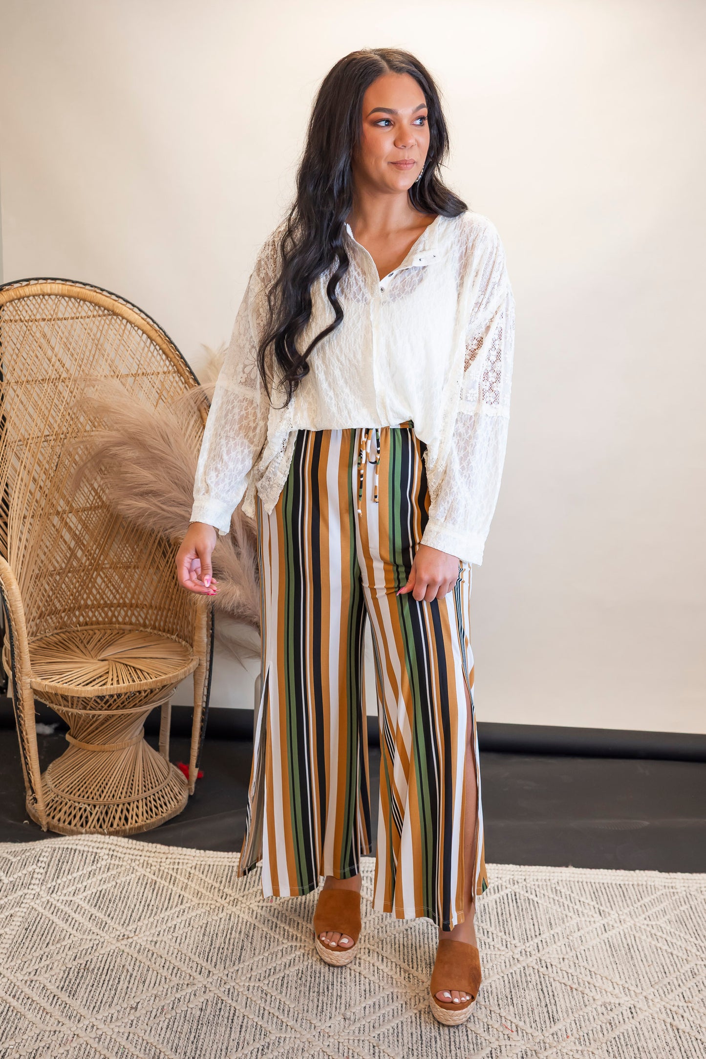 Printed Side Slit Smocked Waist Wide Pants