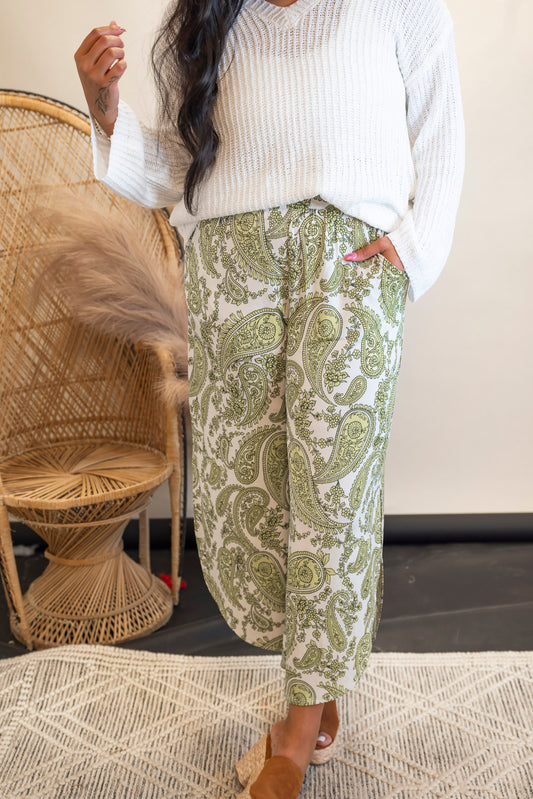 Printed Smocking Waist Side Slit Round Hem Pants