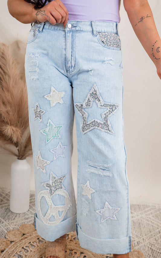 Washed Star Patchwork Denim Jeans | Oli & Hali
