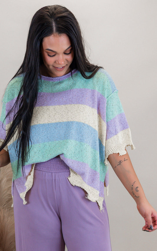 Striped Short Sleeve Sweater | PEACH LOVE