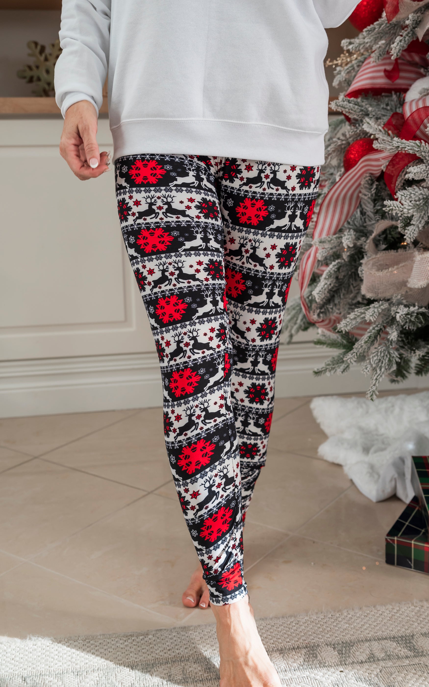 Buttery Soft Ruby Red Leaping Reindeer Christmas Plus Size Leggings
