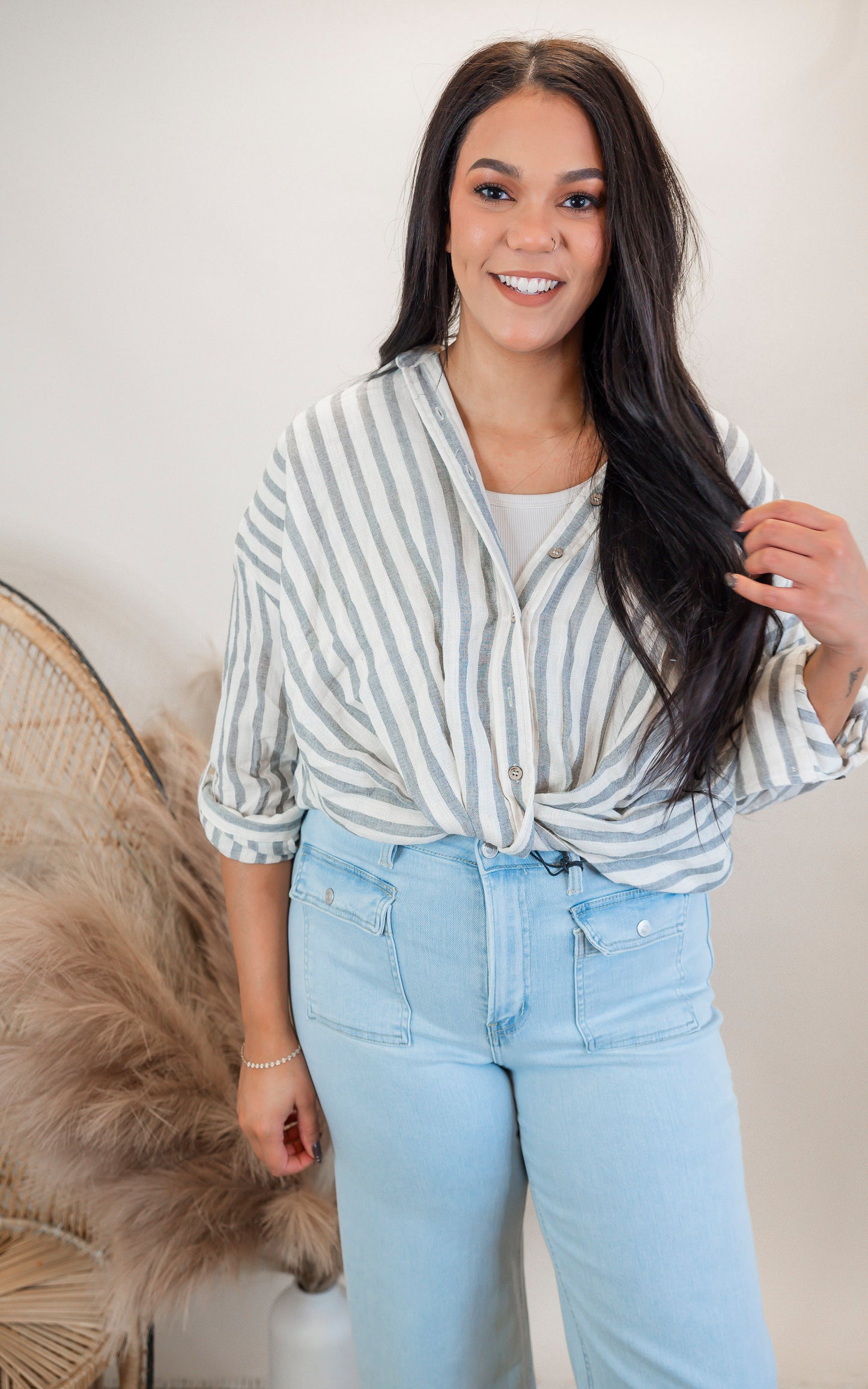 Grey Stripe Gauze Button Down Shirt - Final Sale