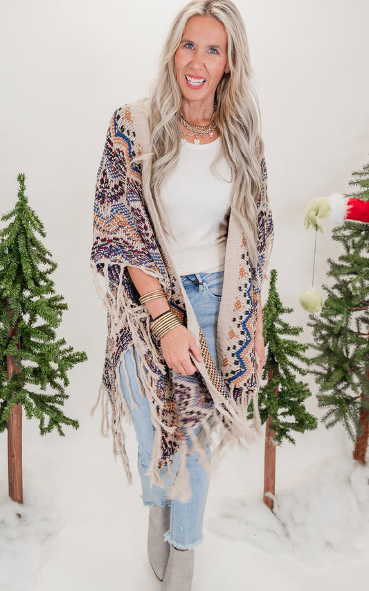 Beige Wavy Knitted Kimono w/ Fringe** FINAL SALE