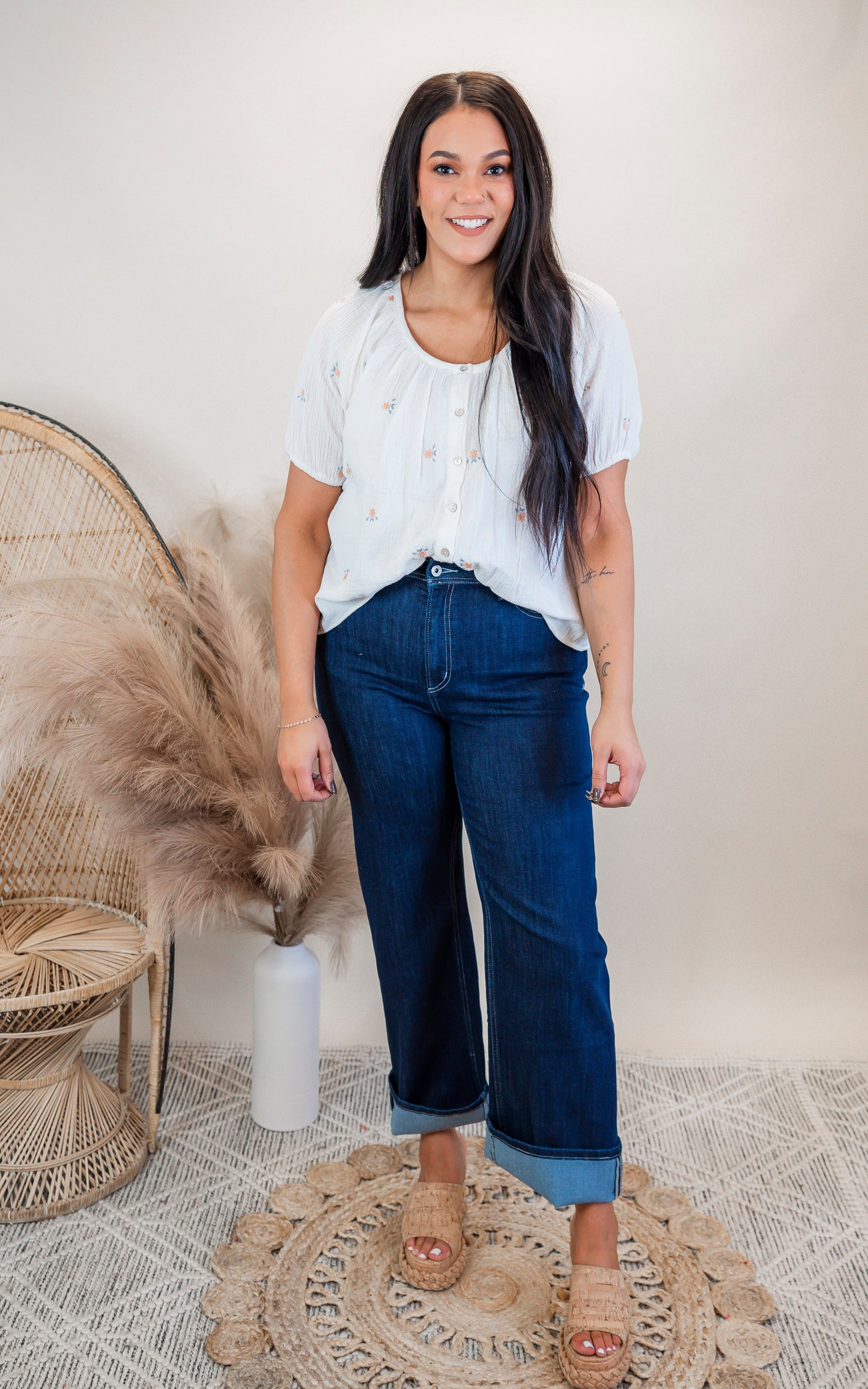 Floral Embroidery Scoop Neck Blouse