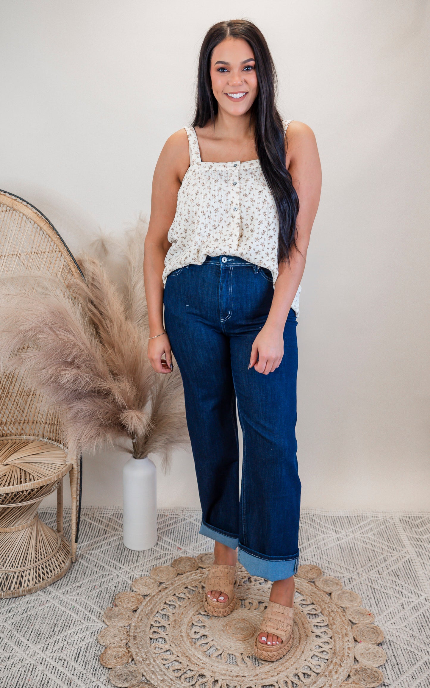 Ivory Button Print Cami Tank Top
