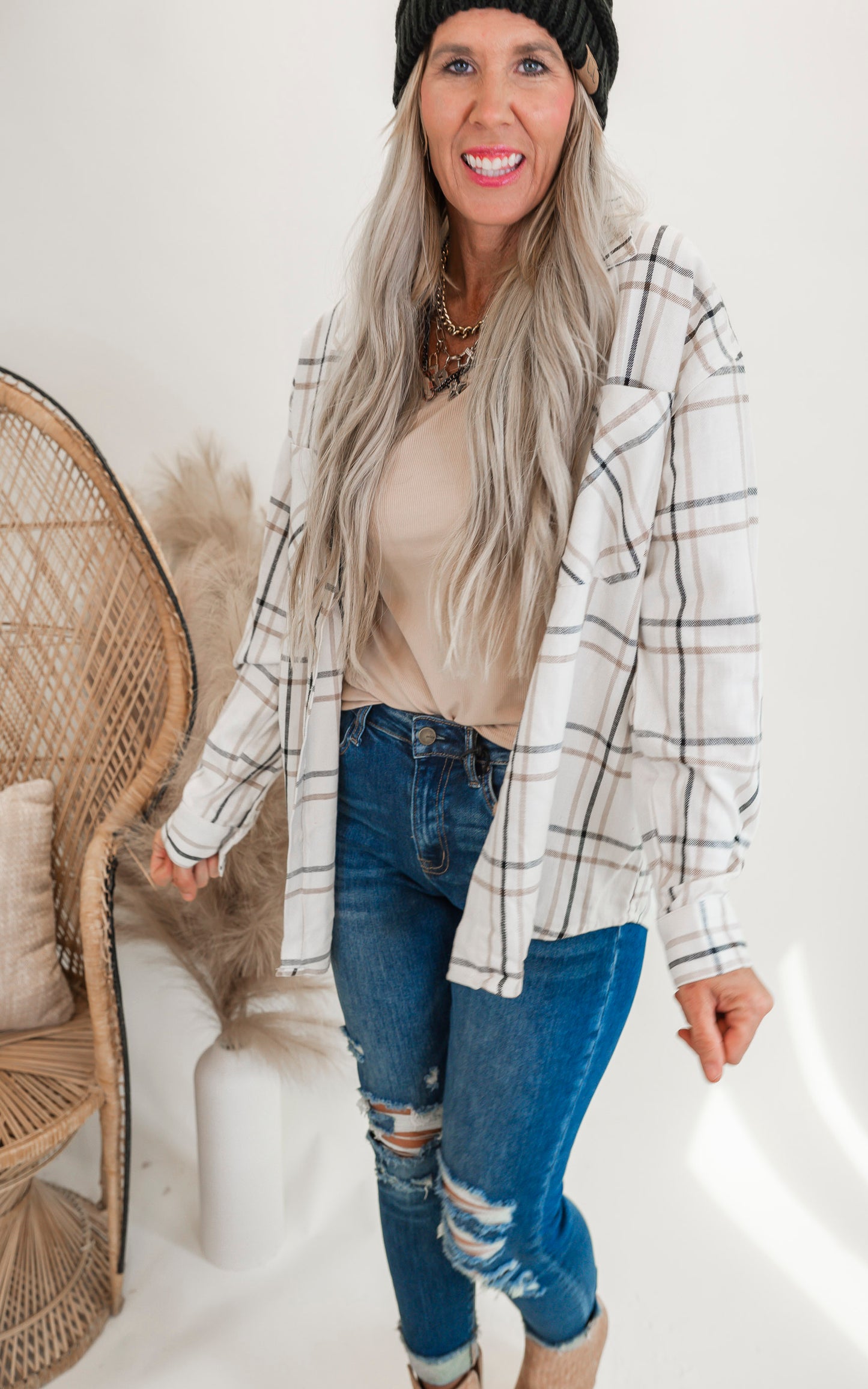 Open Window Oversized Plaid Linen Blend Shirt