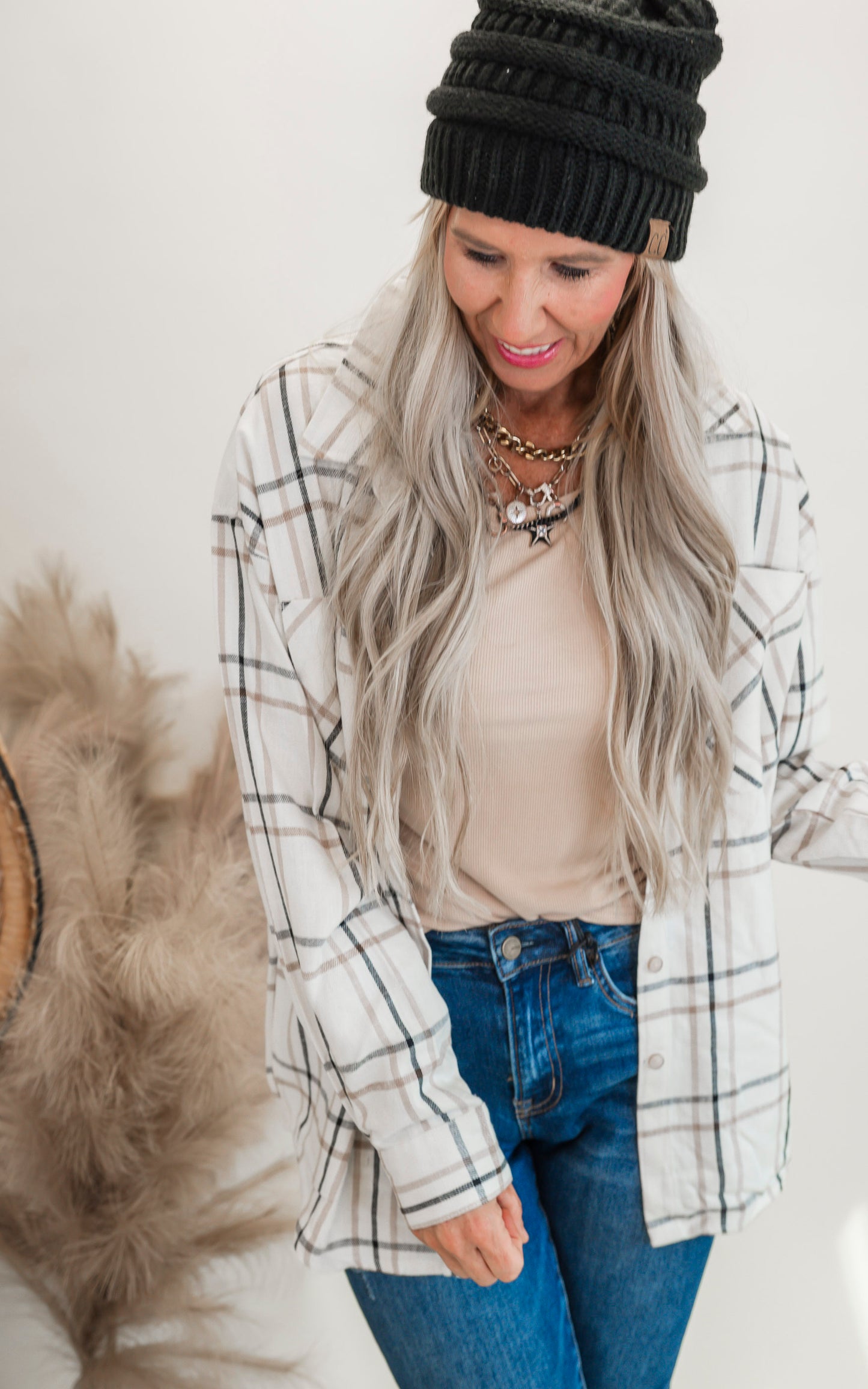 Open Window Oversized Plaid Linen Blend Shirt