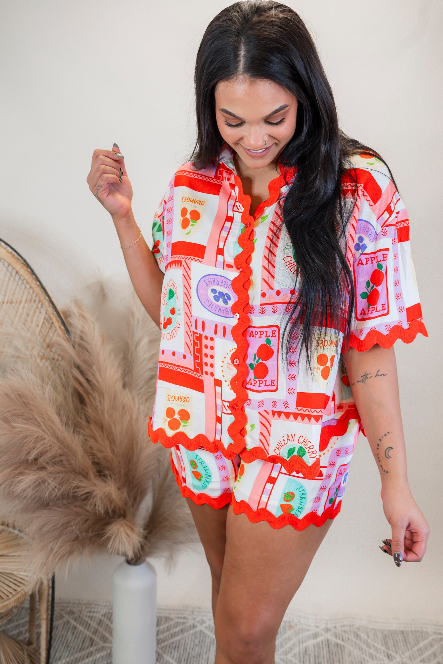 Fruity Ric Rac Trim Short Sleeve Blouse