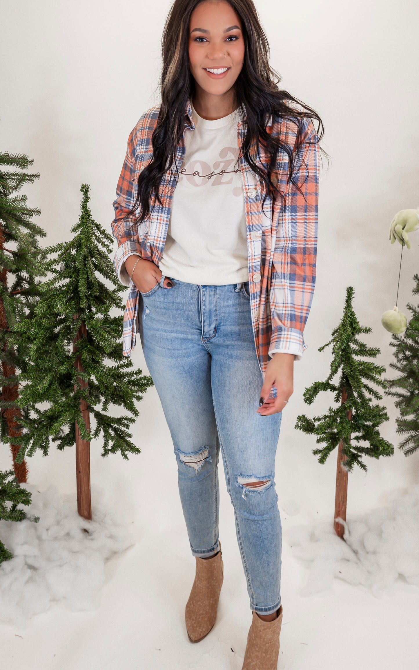 Forever Favorite Plaid Shacket in Orange Navy Ivory #11 | Salty Wave *DEAL-FINAL SALE