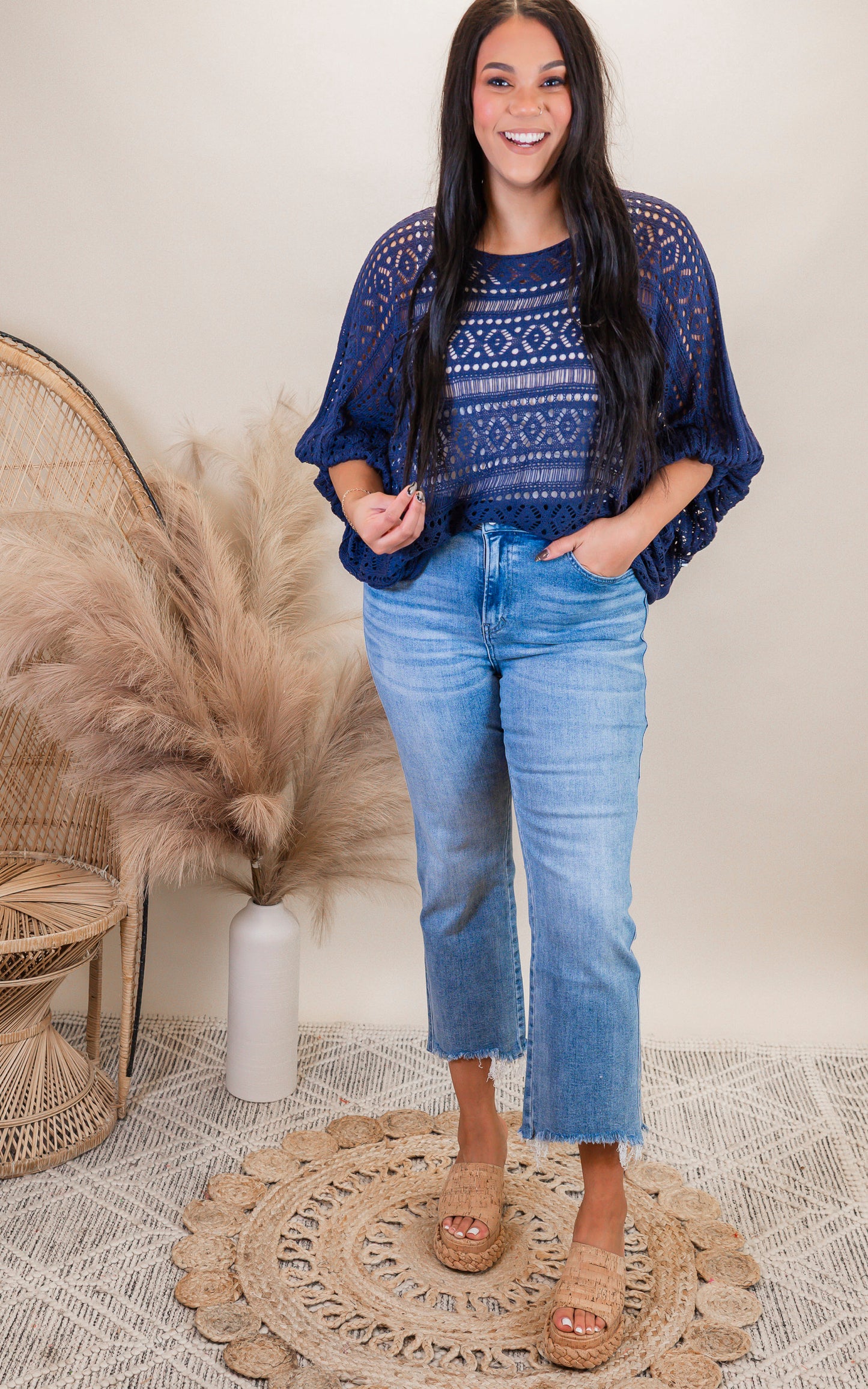 Navy Crochet Sweater - Final Sale