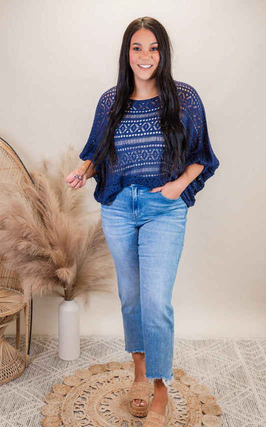 Navy Crochet Sweater - Final Sale