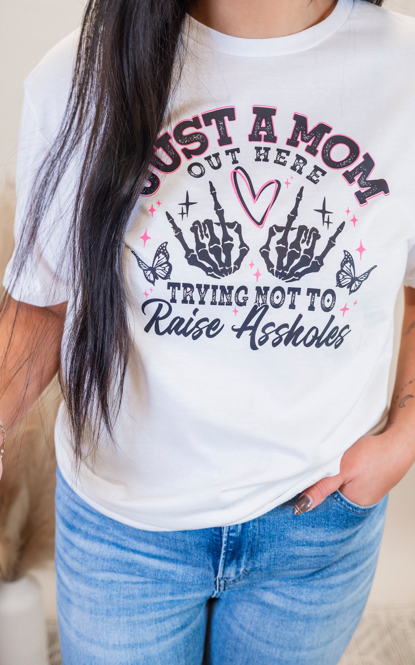 Just a Mom Trying Not to Raise Assholes Graphic T-shirt
