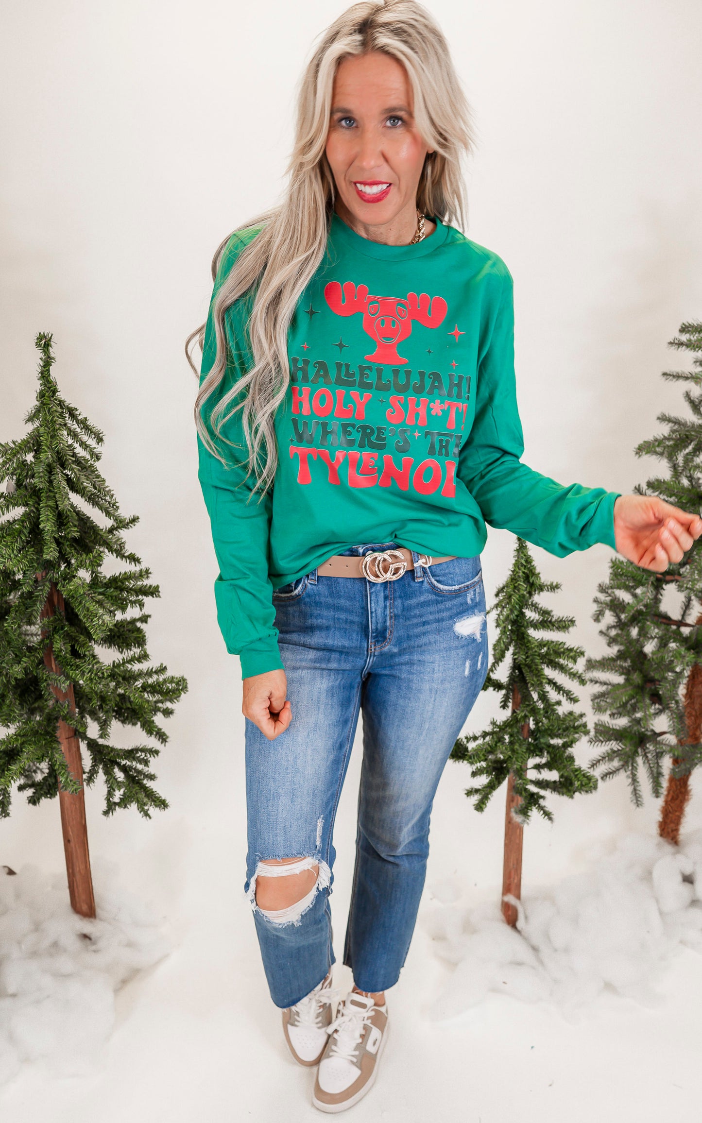 Hallelujah! Where's the Tylenol? Holiday Garment Dyed Long Sleeve Graphic Top