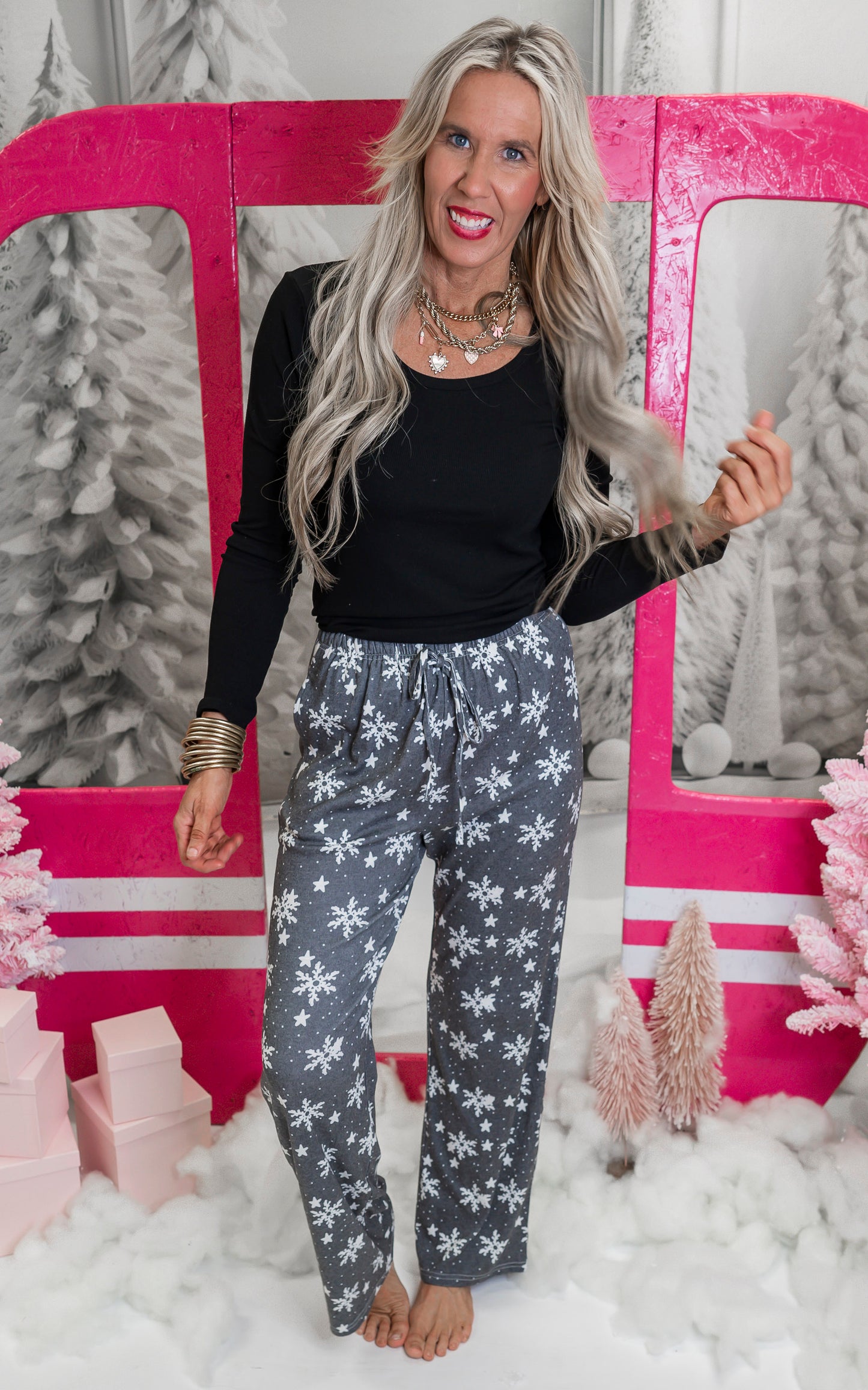 Black Snowflake Pajama Pant Set by Salty Wave (TOP & BOTTOM) *