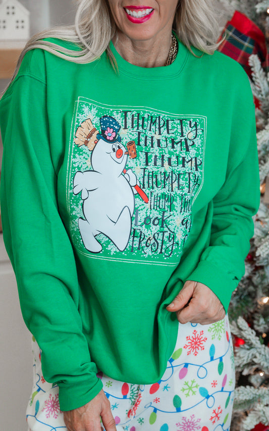 Thumpty Thump Thump Snowman Holiday Green Graphic Crewneck Sweatshirt**