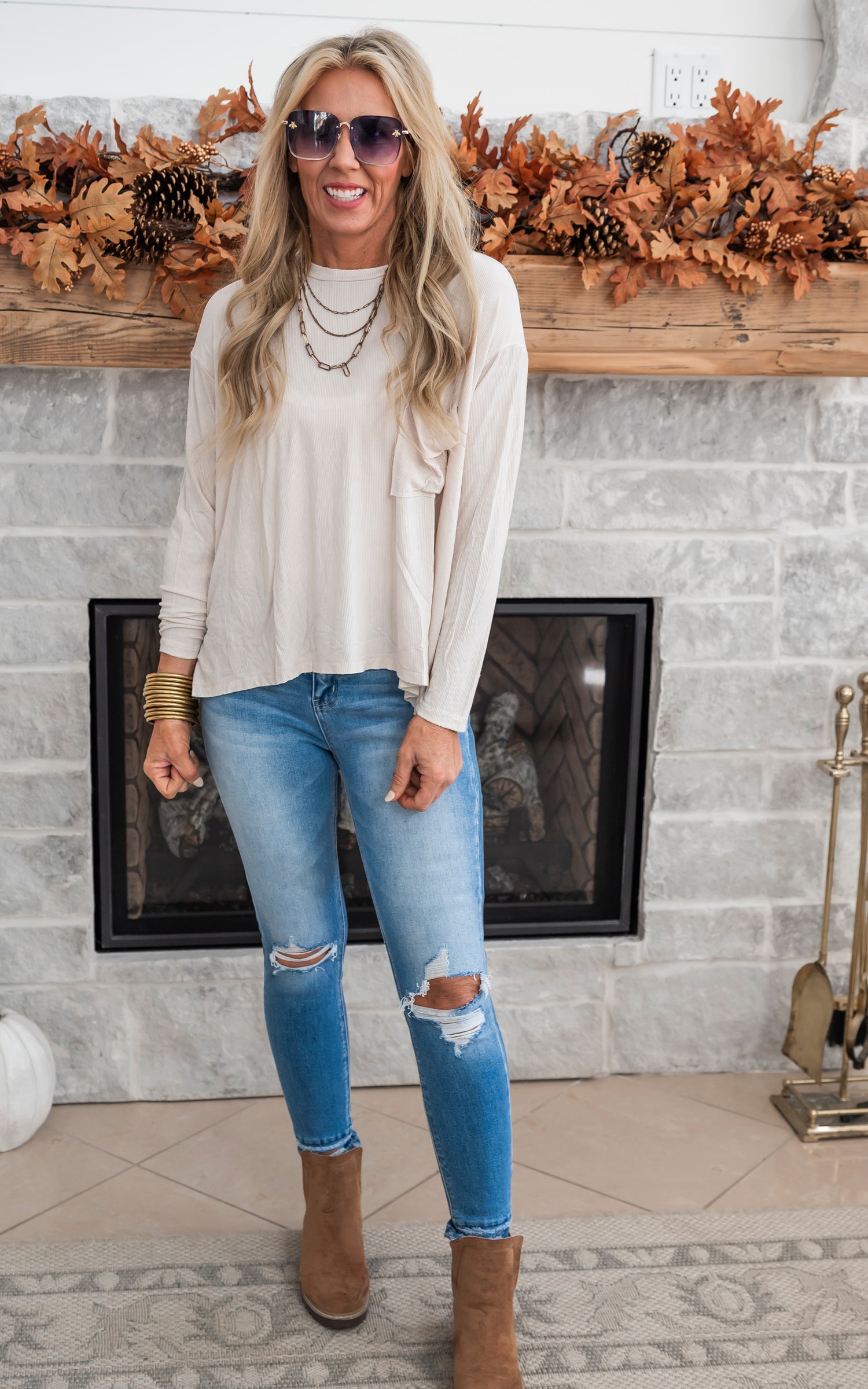 sand beige long sleeve top
