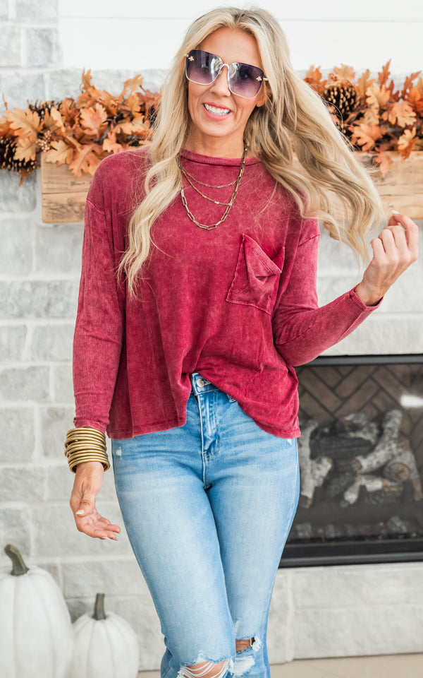 Cabernet Washed Ribbed Dolman Long Sleeve Top
