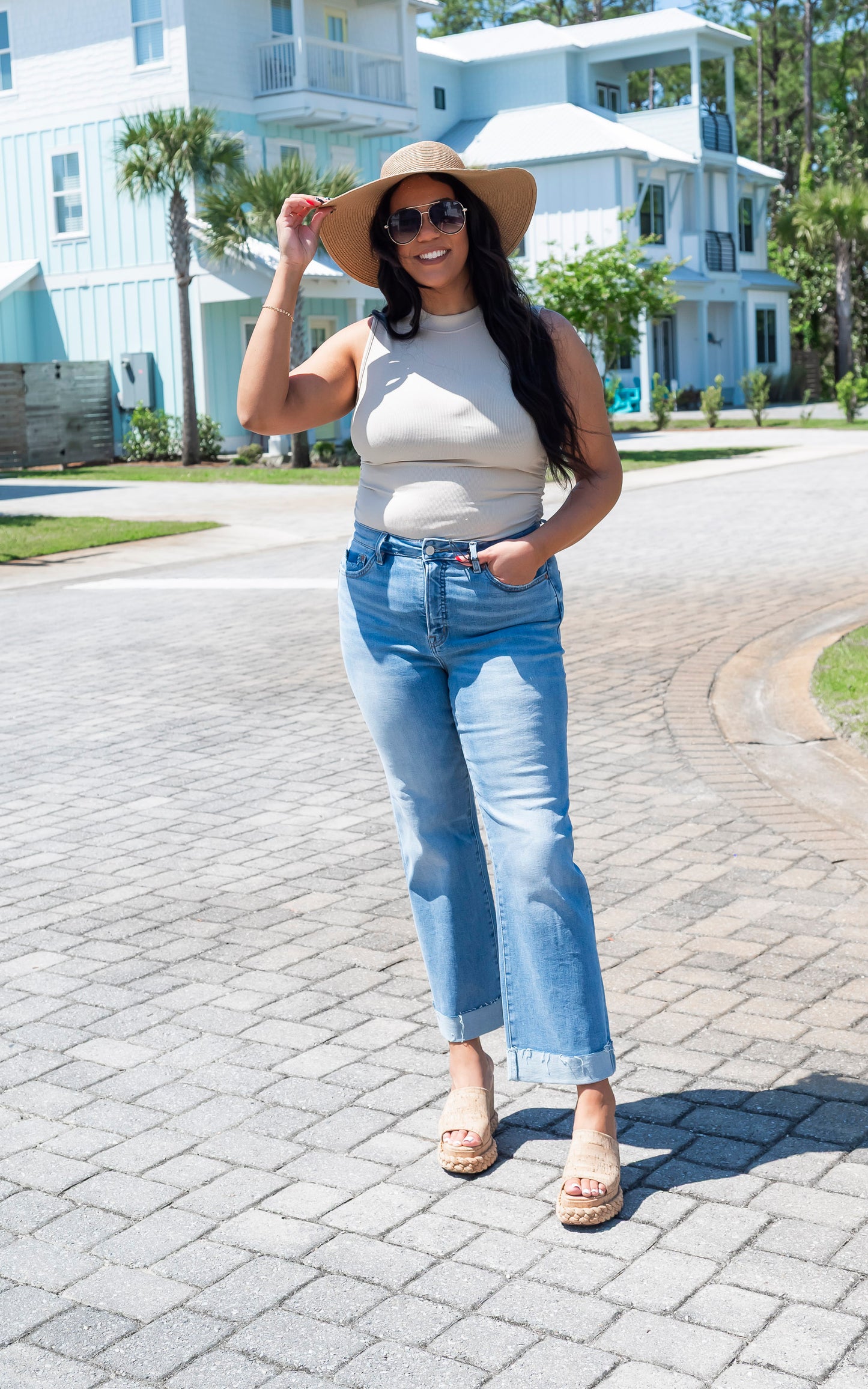 High Rise Straight Leg w/ Cuffed Hem Denim Jean | MICA -FINAL SALE