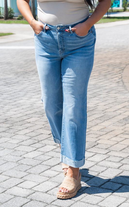 High Rise Straight Leg w/ Cuffed Hem Denim Jean | MICA -FINAL SALE