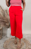 Poppy Red Elastic Ruffle Waist Ankle Pants