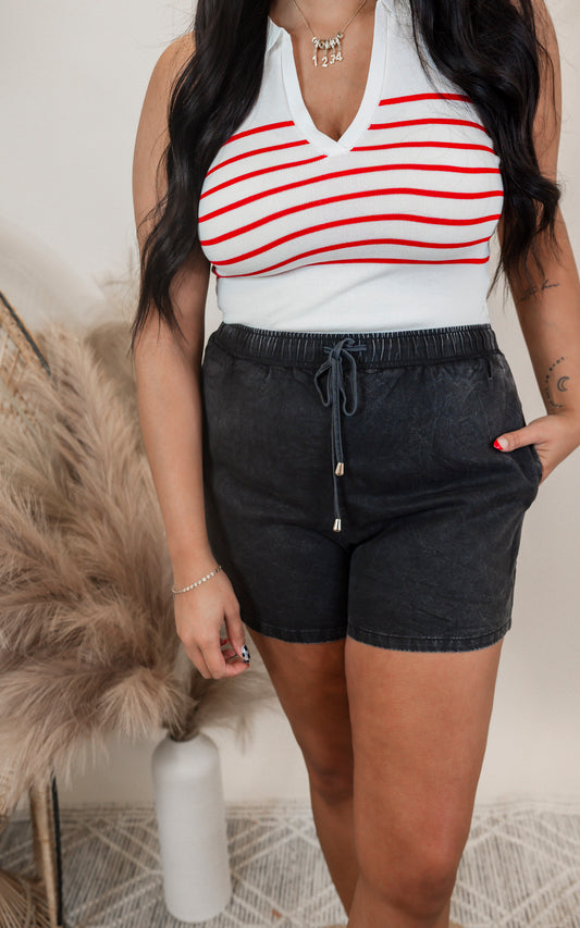 Black Washed Chambray Elastic Waist Drawstring Shorts - Final Sale