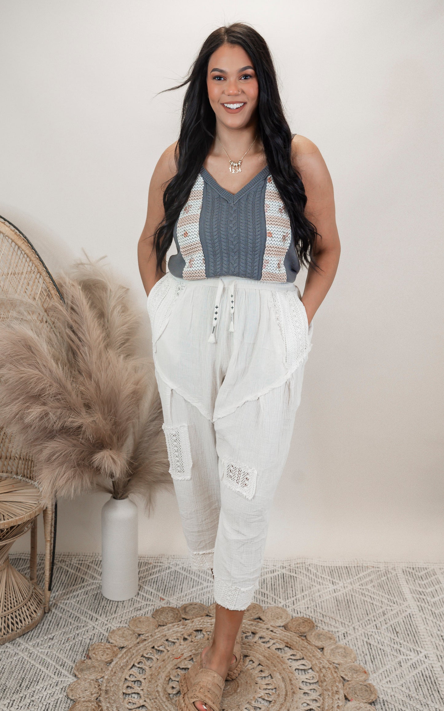 Charcoal V-neck Floral Print Striped Sweater Tank Top | POL - Final Sale