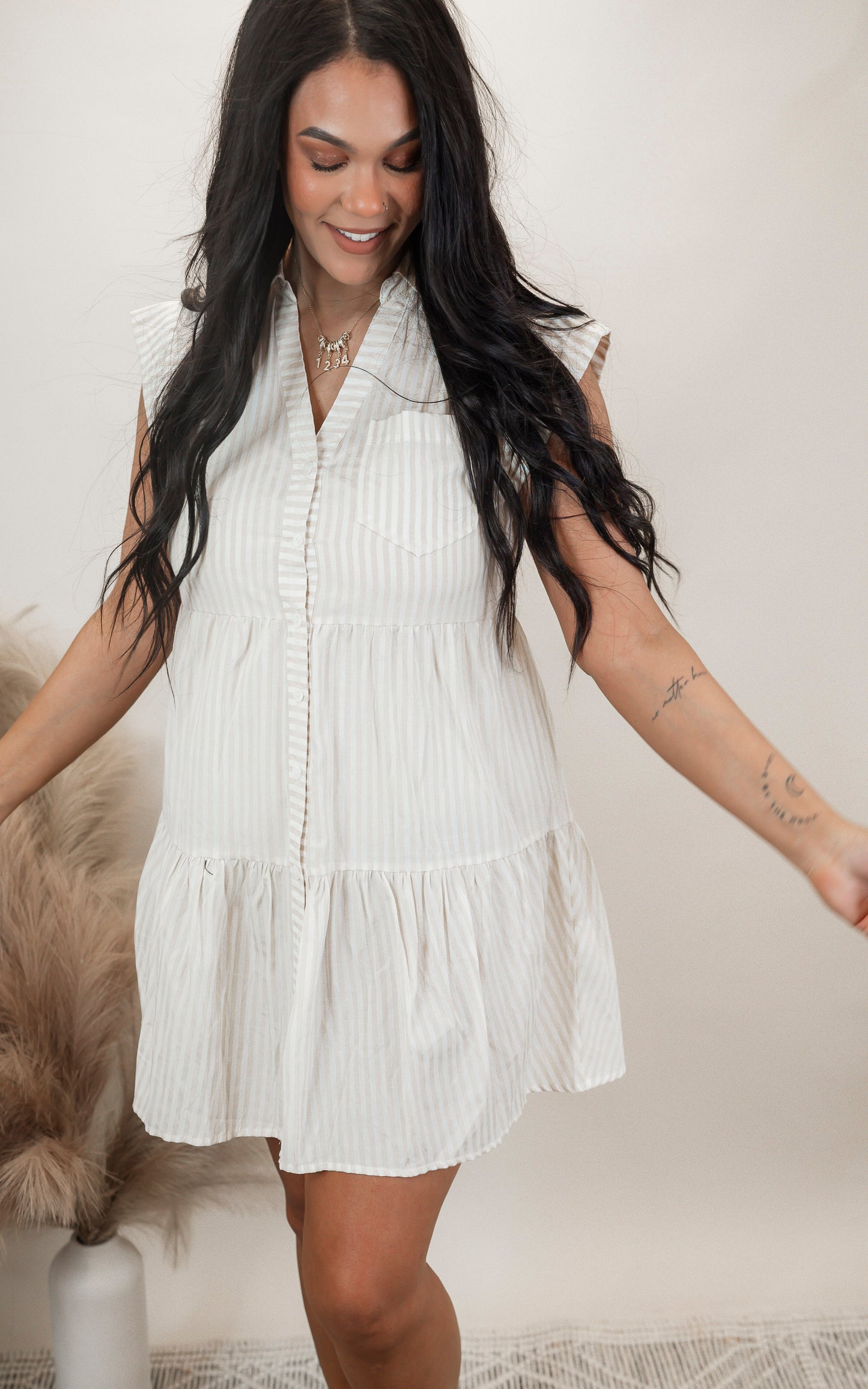 Striped Cap Sleeve Tiered Button Down Midi Dress | FINAL SALE