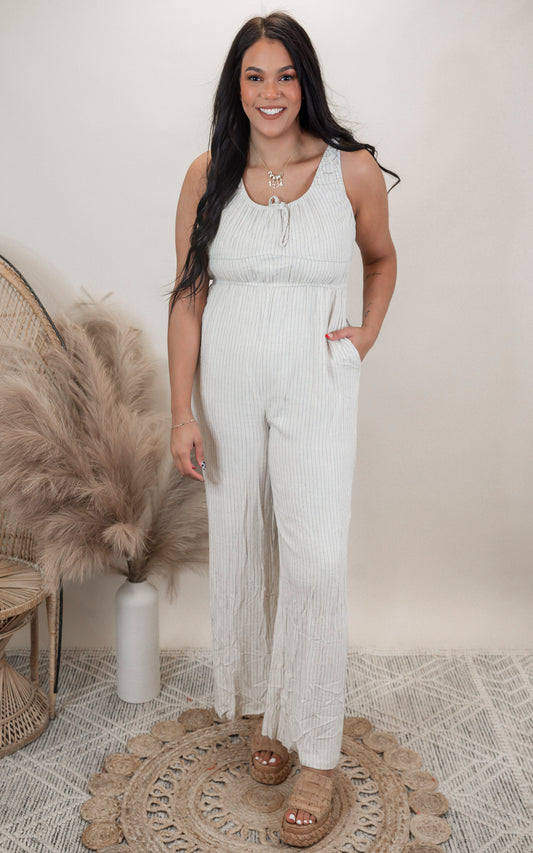 Natural Stripe Sleeveless Milkmaid Jumpsuit