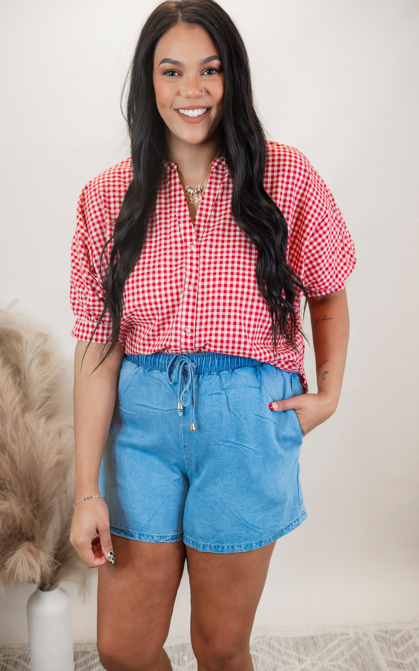 Red Gingham Dolman Sleeve Blouse Top