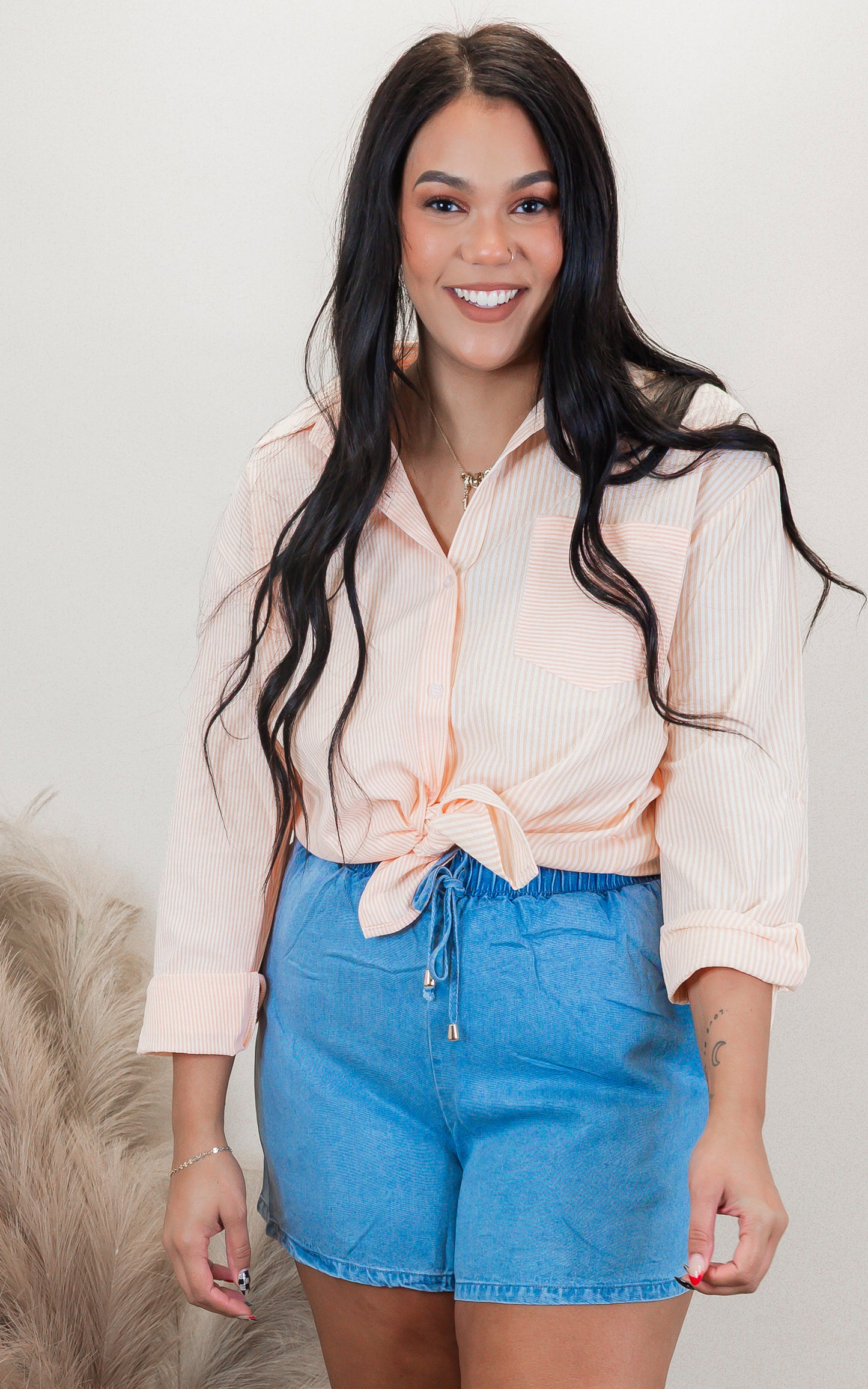 Tangerine Stripe Cotton Blend Button Up Blouse Top - Final Sale