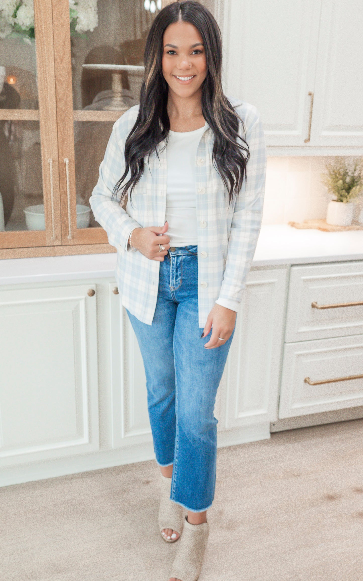 Forever Favorite Plaid Shacket in Cream Mocha Blue #2 | Salty Wave*-FINAL SALE