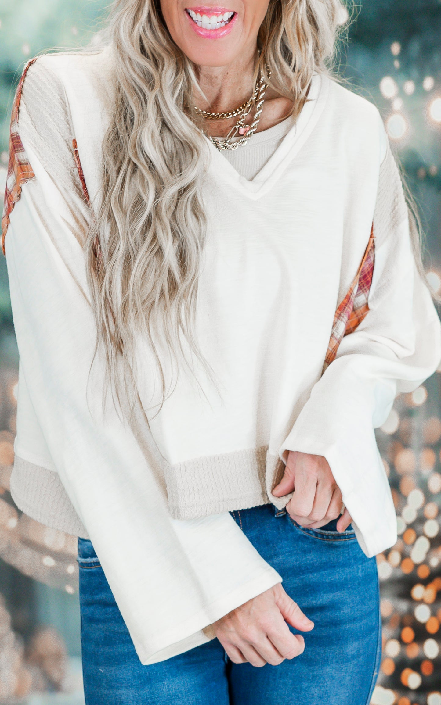 Streetwise V-Neck Long Sleeve Plaid Top | POL** - Final Sale