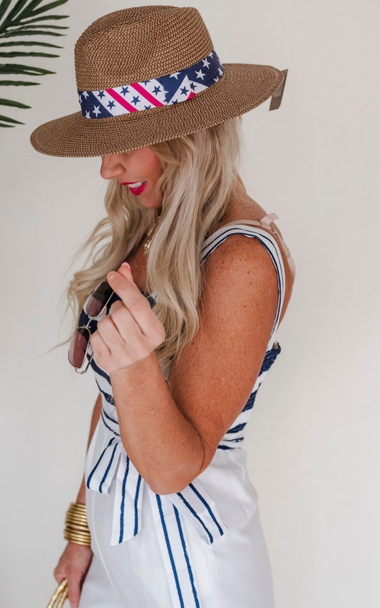 American Flag Band Straw Panama Straw Hat - DEAL***