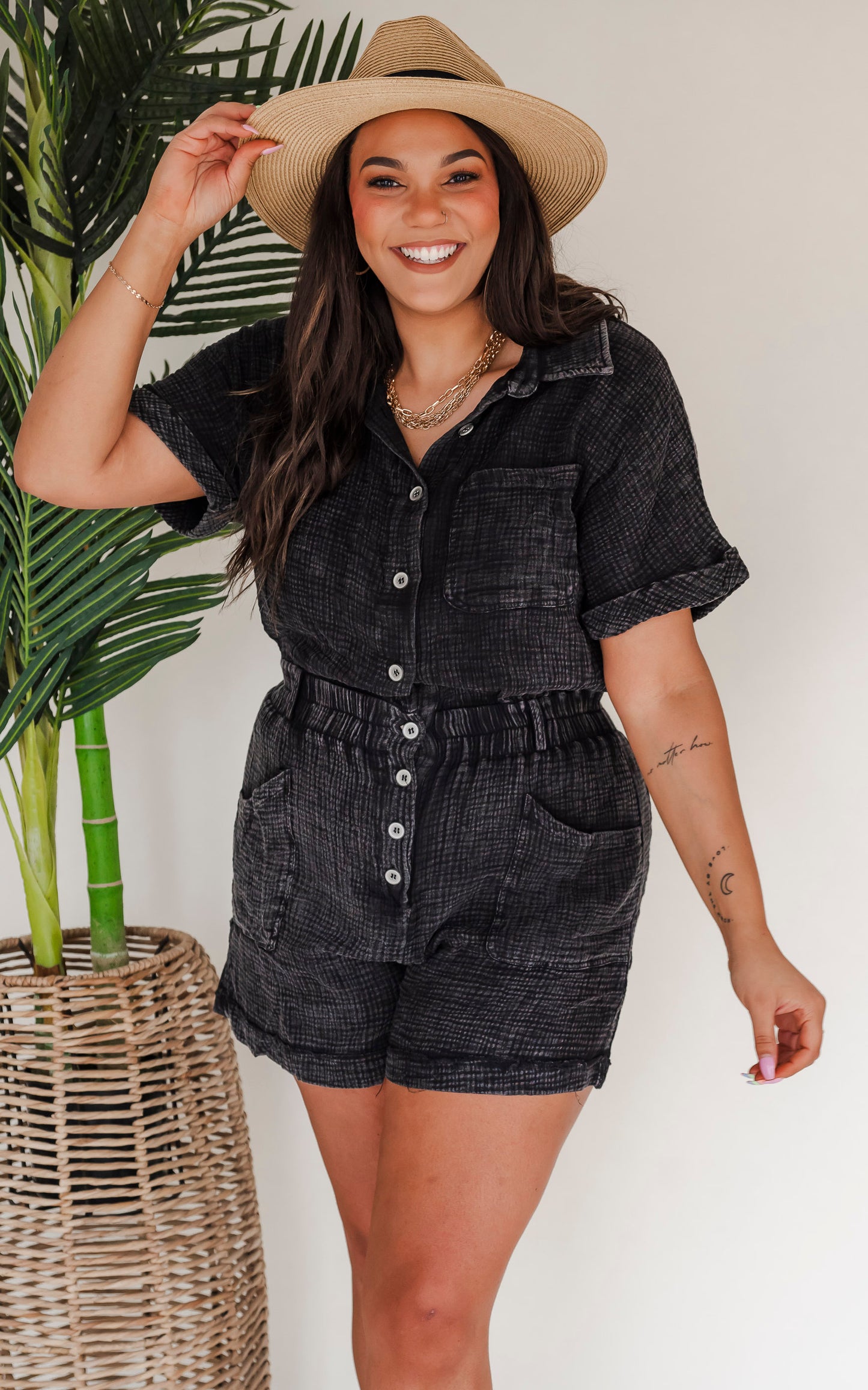 Short Sleeve Mineral Wash Romper - Final Sale